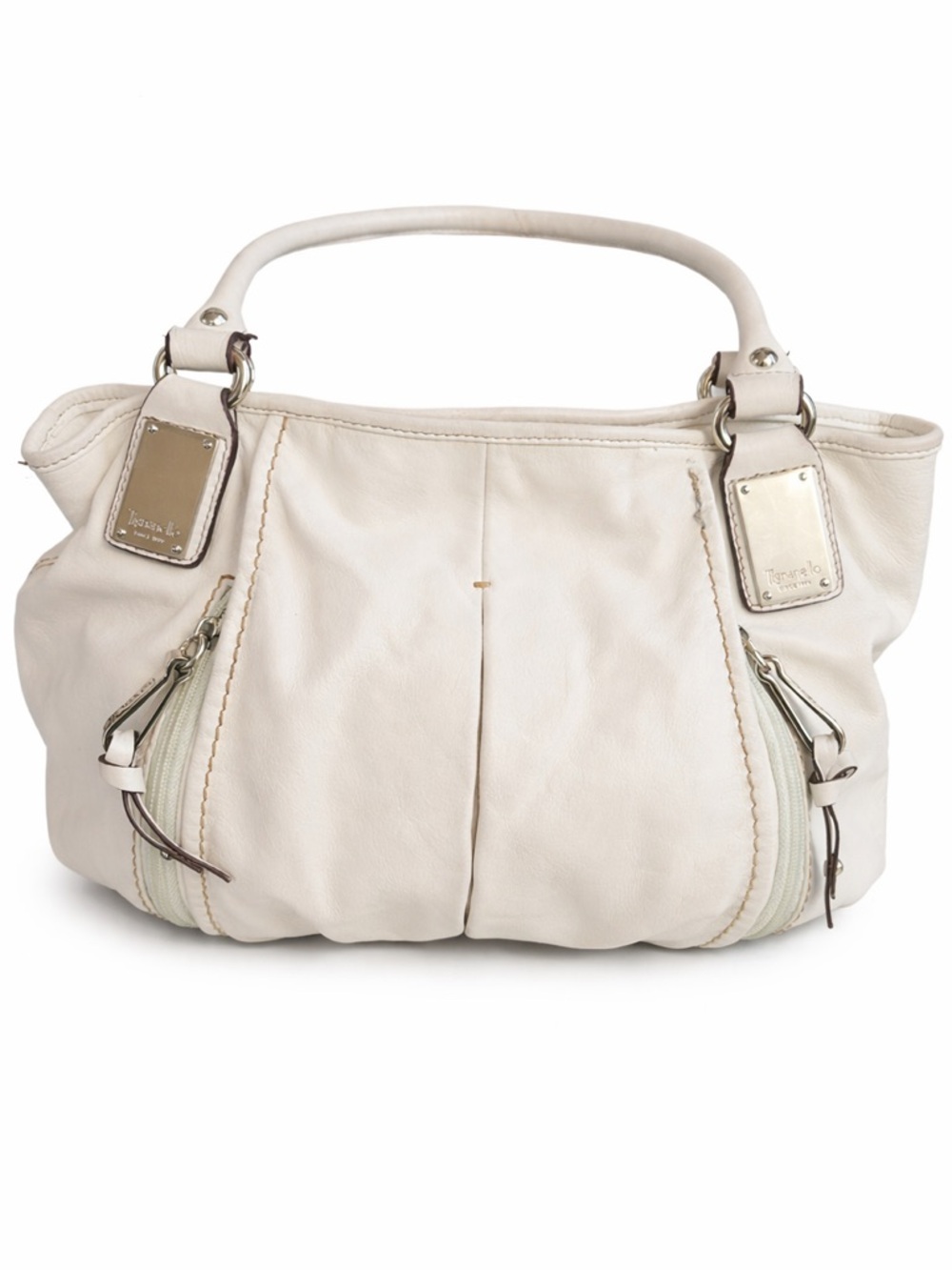 Tignanello Cream Leather Satchel Shoulder Bag Double Zip Striped Lining
